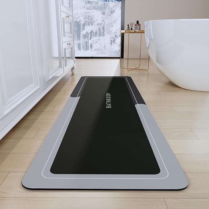 Bath Mat Rug, Rubber Non-Slip Quick Dry Bathroom Rugs, Super Absorbent Bath Mat, Thin Floor Shower Mat Fit Under Door, Bath Rug for Bathtub, Shower and Sink (17"x59",Dark Grey)