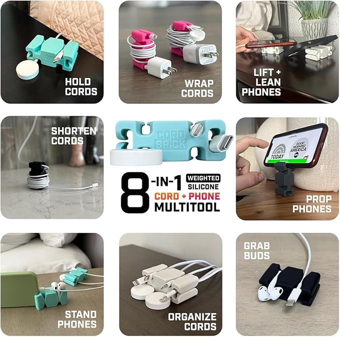 CordBrick Stocking Stuffers for Adults Cord Management Weighted Cord Holder Cable Wrap Phone Stand - Multiuse Gadget Organizer for Nightstand, Desk. Gift for Men, Durable Silicone. 1pk Black