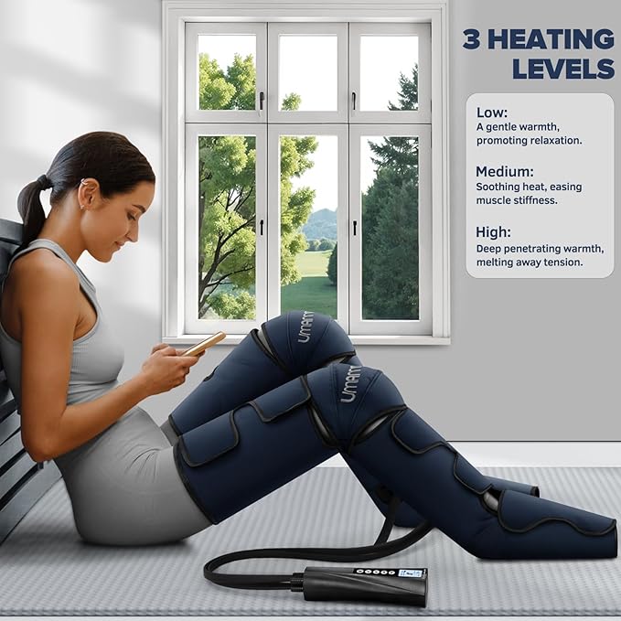 Air Compression Leg Massager with Heat - Ideal Christmas, Mother's Day and Father's Day Gifts for Men, Women, Dad, Mom - Relieves Foot and Knee Pain, Eases Varicose Veins, Cramps, Swelling and Edema