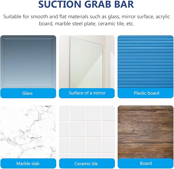 Strong Suction Grab Bar Safety Handrail Non-Skid Bath Support Handle for Elderly Injured Reusable Suction Cup No-Drill Installation Glass Tile Marble