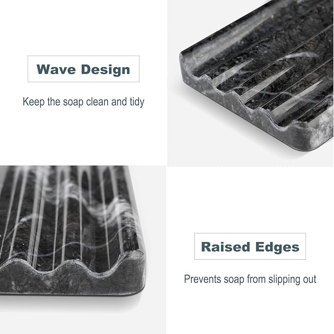 Marble Soap Dish, Bar Soap Holder Shower, Black Soaps Bathroom Saver with Water Ripple Design, Easy Cleaning Natural Stone Sponge Holder for Kitchen Sink, Executive Jewelry Ring Tray