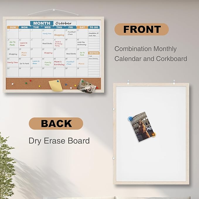 Monthly Calendar Dry Erase Board 24x18 Inch, Double-Sided Whiteboard and Corkboard Combo with White MDF Frame (Color Calendar), Wall Mounted Planner with Marker, Magnet, Push Pin, Eraser