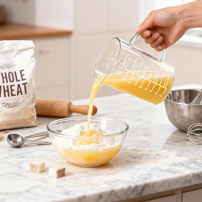 BCnmviku Graduated Glass Measuring Cup -500 ML /16 Oz/ 2 Cup Easy to Read [Insulated Handle | V-Shaped Spout] - High Borosilicate Glass Measuring Cup for Kitchen or Dining (500ml)