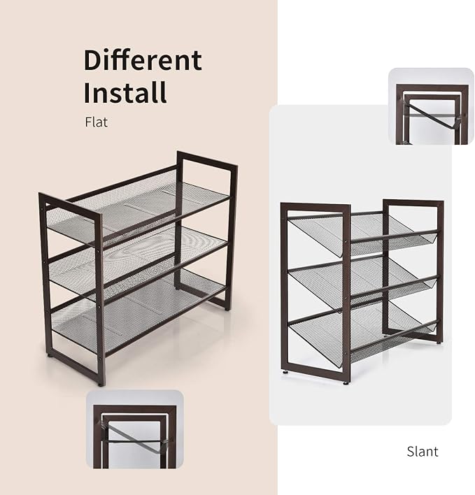 Giantex 3-Tier Metal Shoe Rack, Shoe Storage Organizer with Adjustable Angled or Flat Mesh Shelf for 9 to 12 Pairs of Shoes, Freestanding Shoe Shelf for Bedroom, Entryway, Closet, Hallway