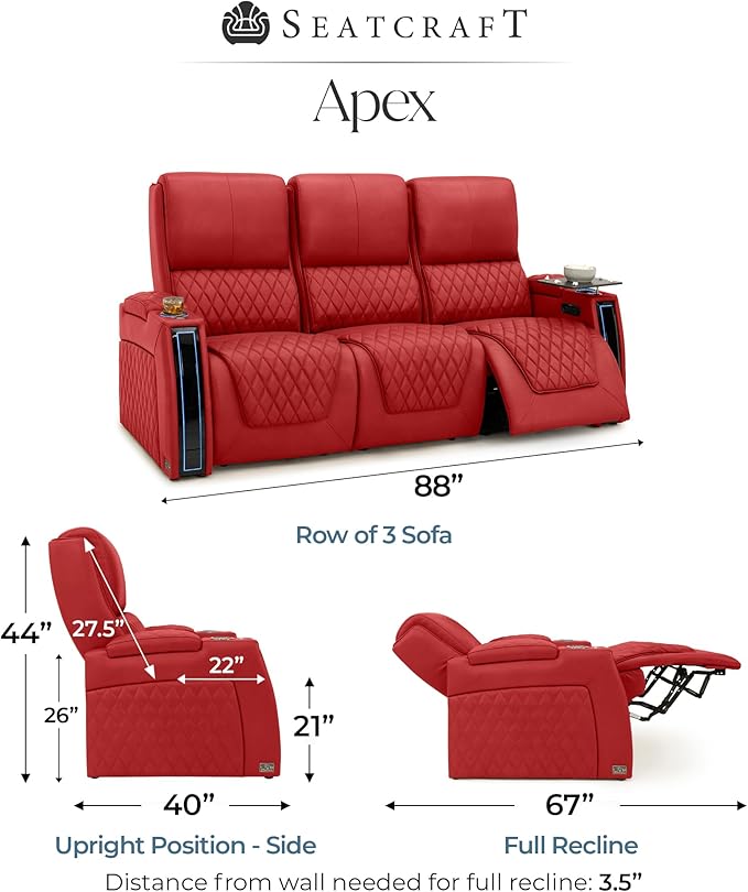 Seatcraft Apex Zero-Gravity CoolZero Italian Leather Home Theater Seating, Powered Headrest, Powered Lumbar, Powered Recline, Row of 3 Sofa, Red