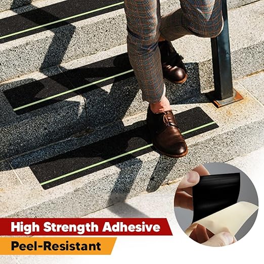Anti Slip Traction Treads with Glow in Dark Stripe (10-Pack), 6" X 24", Best Grip Tape Grit Non Slip, Outdoor Non Skid Tape, High Traction Friction Abrasive Adhesive for Stairs Step