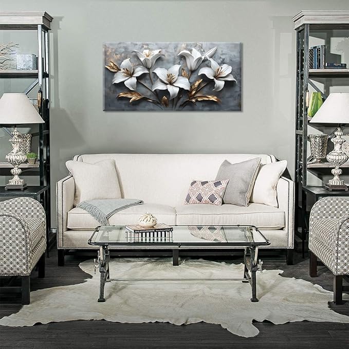 White Flowers Wall Art for Living Room Canvas Painting Prints Beautiful Floral Gold Leaves Gray Modern Artwork Office Bedroom Girls Decor Extra Large