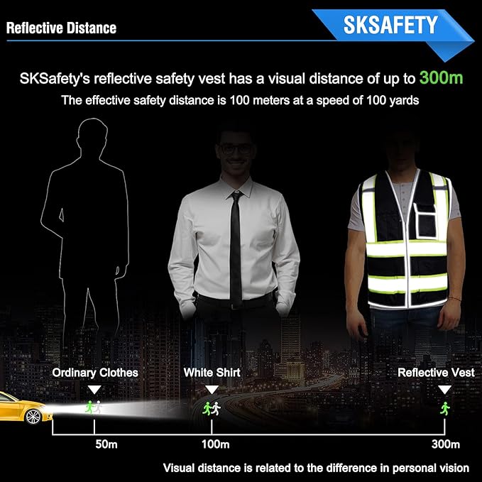 SKSAFETY 10 Pockets Safety Vest, Class 2 High Visibility Security with Zipper, Hi Vis Vest with Reflective Strips, ANSI/ISEA Standard, Construction Work Vest for Men ＆ Women （Black, M）