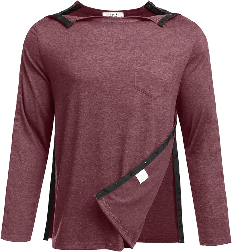 Deyeek Men's Post Shoulder Surgery Recovery Shirts Full Tear Away Long Sleeve Snap Chemo Port Access Shirt