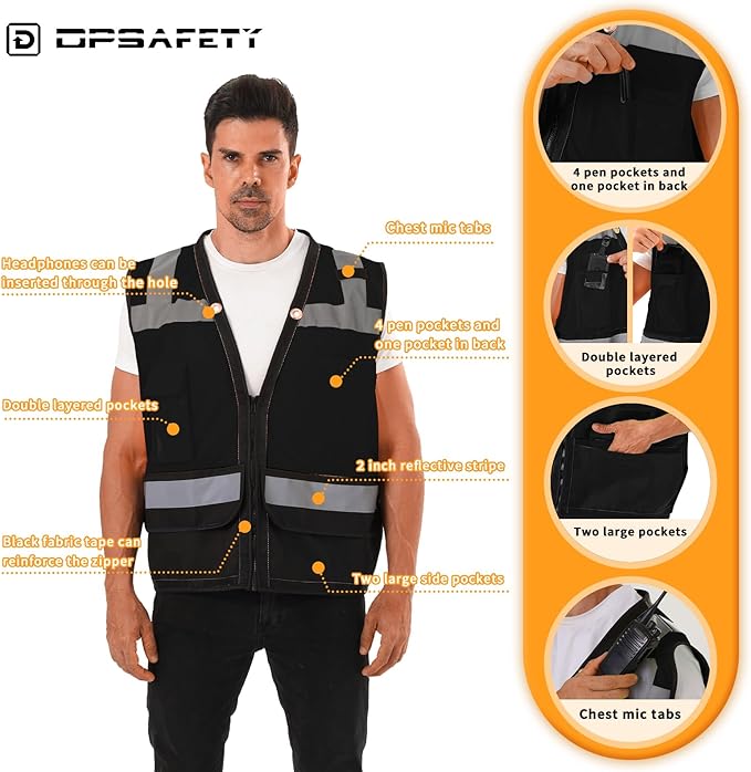 Reflective Safety vest With back plan pocket,High visibility Class 2 Heavy Duty Surveyor Vest with Zipper,Hi Vis Vest ANSI/ISEA Standard, Construction Work Vest for Men＆Women(Black,4XL)