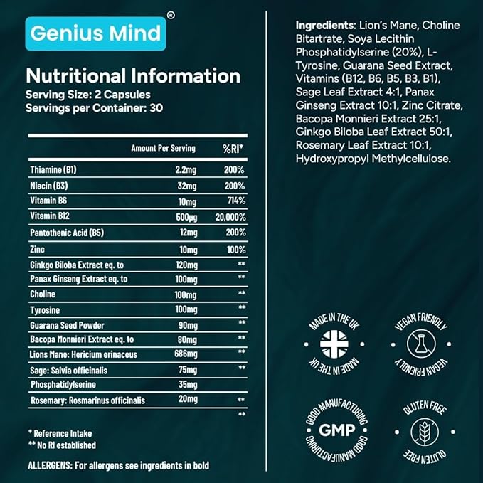 Genius Mind® Nootropic Brain Supplement, Support Cognitive Function, Energy Levels, Focus & Memory Function - 17 Brain Boosting Ingredients Including Lions Mane, Bacopa, Ginkgo & Vitamin B12