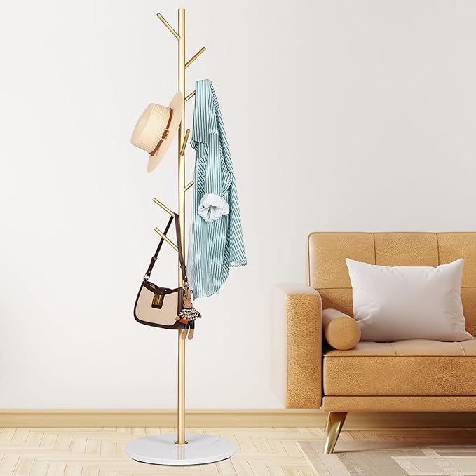 ZOZOE Metal Coat Rack Freestanding, Golden Coat Racks with Heavy Duty Natural Marble Base, Modern Stable Coat Tree Stand with 8 Hooks, Coat Tree Hanger Stand for Bags, Hats, Entryway, Office