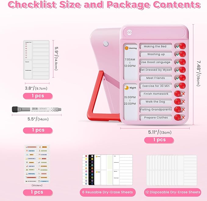 Magnetic Chore Chart for Kids with Time Timer, 99-Min Countdown/Up Visual Timer, Dry-Erase Reward Chart with Sliders, to Do List & Routine Checklist, Visual Schedule, Autism/ADHD Tools (Pink)