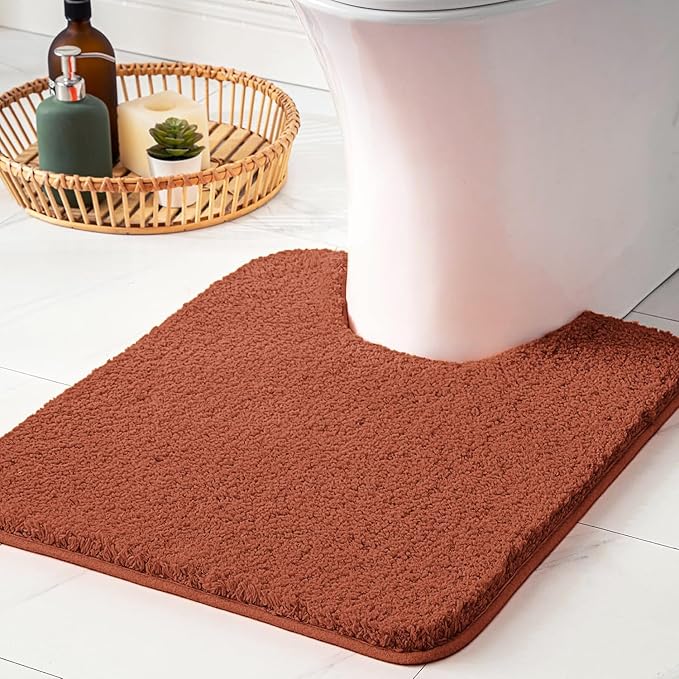 MIULEE Rust Microfiber Toilet Bath Mat U-Shaped Contour Shaggy Bathroom Rugs Non Slip Extra Thick Soft Bath Rug Absorbent Water for Bathroom Commode Machine Washable(24x24 Inch)