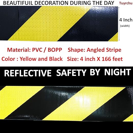 Reflective Tape Yellow Black 4 inch X 166 feet, Outdoor Waterproof Hazard Conspicuity Safety Industrial Marking Tape