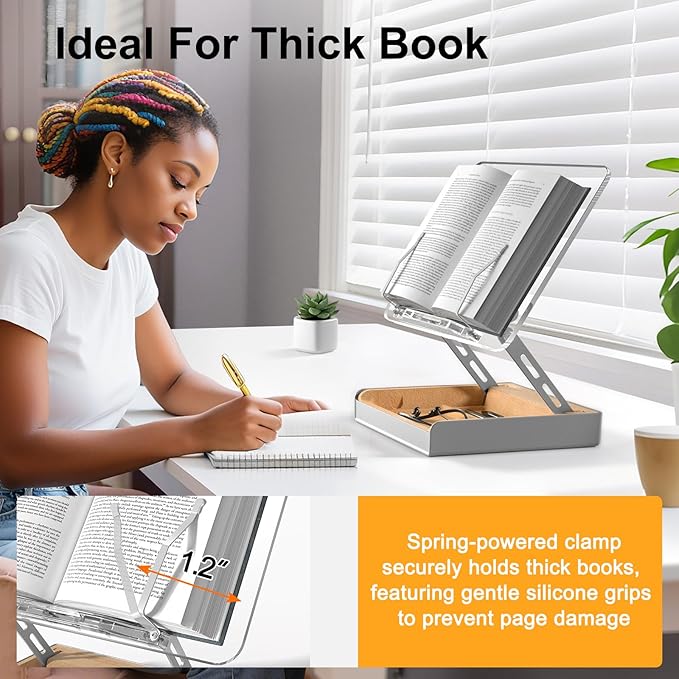 Book Stand with Storage, Book Holder for Reading Hands Free, Wooden Cookbook Stand for Kitchen Counter, Adjustable Reading Stand for Desk, Recipe Stand, Book Prop for Book Lovers (Clear)
