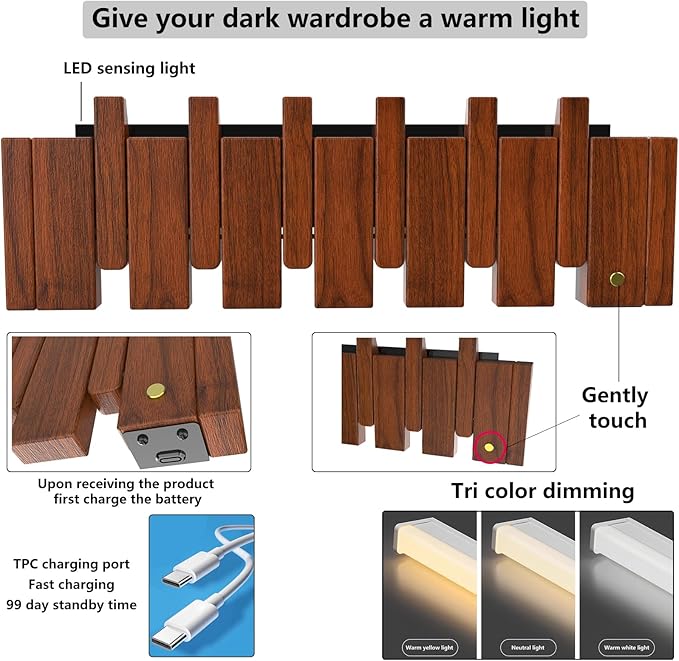 Wall Mounted Piano Key Hanger | Flip Style Hook | Entrance Wall Art Hook, Made of Oak Wood (3 Times Painted, 4 Times Polished) (LED Walnut, 10Hooks)