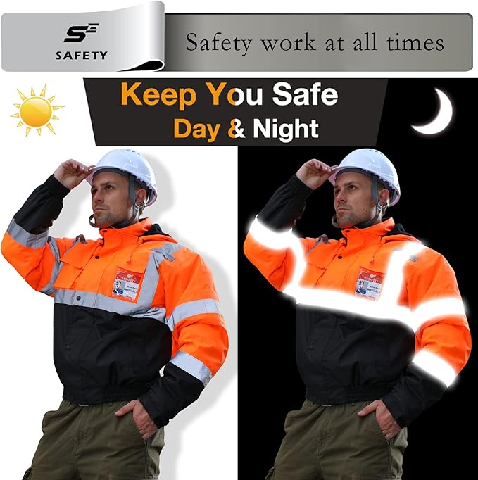 sesafety Reflective Jacket for Men, High Visibility Jackets, Safety Jackets for Men, Hi Vis Construction Bomber Jackets Waterproof with Pockets and Zipper, Black Bottom, Class 3