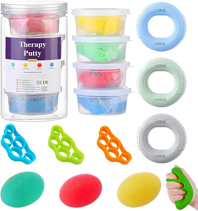Hand Therapy Putty Kit, Grip Strength Trainer, Forearm Strengthener, Stress Balls, Hand Strengthening Devices 15Pcs Set Grip Strength, Dexterity, Mobility, Injury Stress Relief