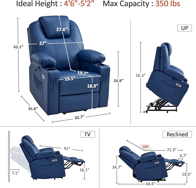 MCombo Power Lift Recliner Chair for Elderly, Lift Chair with Heat and Massage, FSC Certified, USB Ports, Cup Holders, Faux Leather 7141 (Blue, Small)