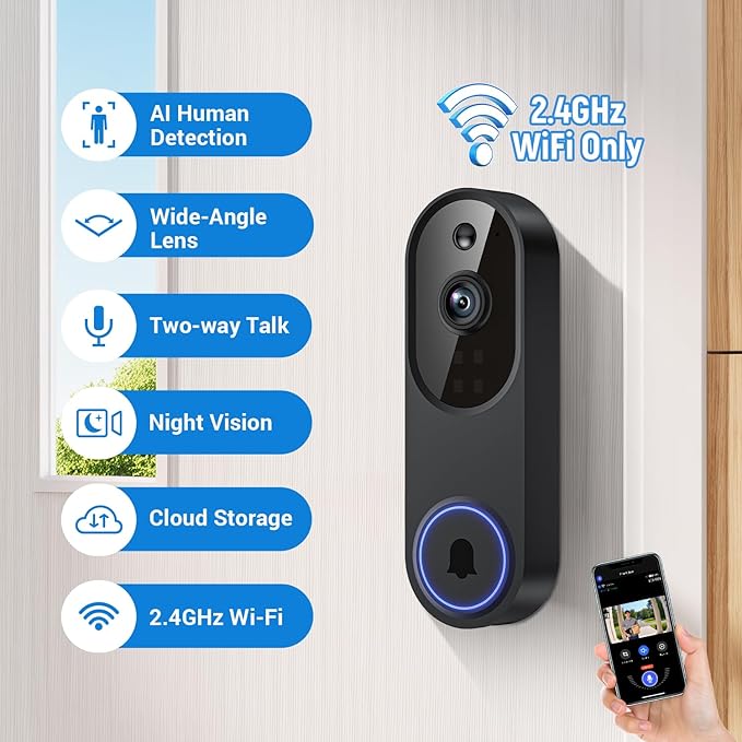 1080p Wireless Video Doorbell Camera, Battery Powered, AI Human and Motion Detection, 2 Way Talk, Night Vision, Cloud Storage (Sold Separately), 2.4G WiFi Only, Indoor/Outdoor Surveillance