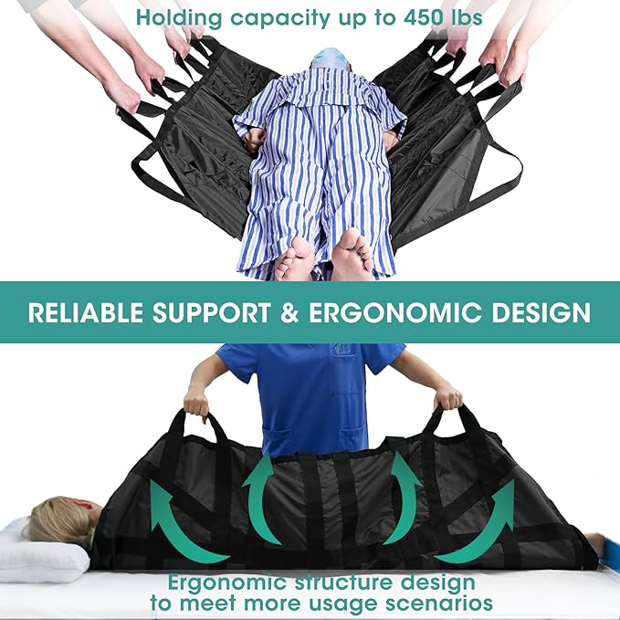 60" x 40" Positioning Bed Pad with Handles Washable Draw Sheets for Hospital Bed Ridden Patient Clothes Waterproof Glide Sheets for Patients Moving Pad for Lifting &Transfer Sheet Nylon, Black