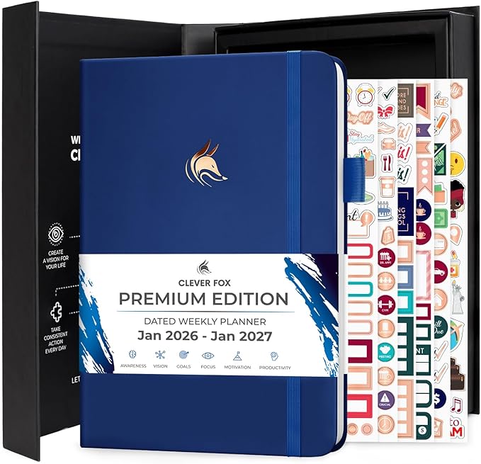 Clever Fox Dated Planner Premium 2026 – Weekly Agenda for Planning & Time Management –Notebook with Habit Tracker & To-do List (Navy Blue)