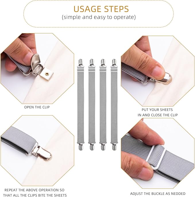 4Pcs Adjustable Bed Sheet Straps Clips, Elastic Mattress Sheet Fasteners Holder and Suspenders, Grippers to Hold Sheet, Mattress, Sofa, Couch, Table Cloth, Recliner Ironing Board Cover and More