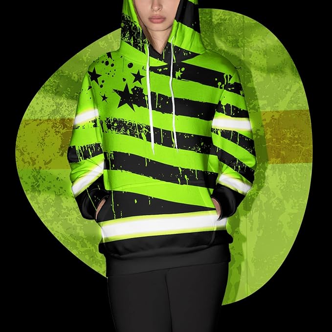 US Flag High Visibility Hoodie for Men Reflective Hoodie Safety Workwear for Worker Runner Patriotic ACC02