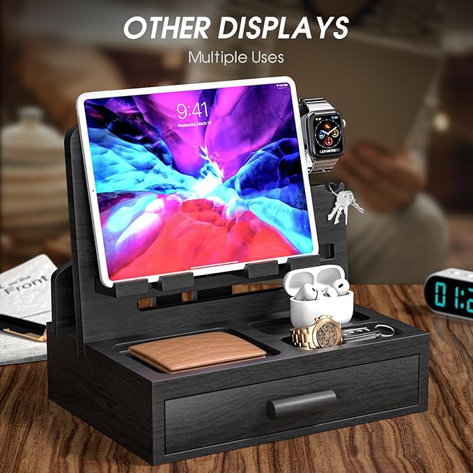 melafa365 Bamboo Nightstand Organizer for Men, Phone Docking Station with Cable Management, Drawer, Bedside Organizer for Watches, Keys, Wallets, Black