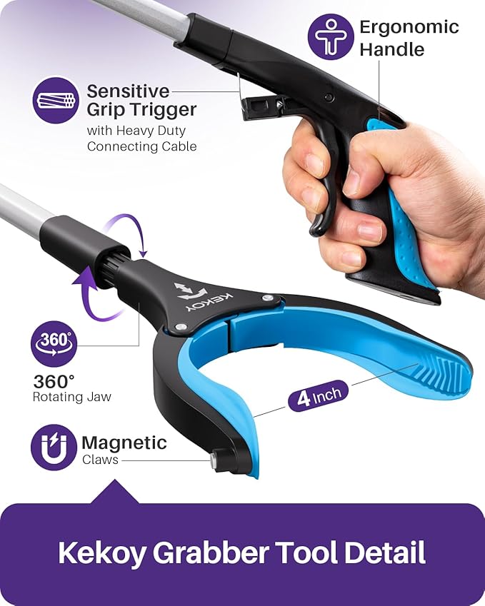 Kekoy 26inch Grabber Reacher Tool for Seniors, Foldable Reacher Grabbers Pickup Stick with Anti-Slip 360° Rotating Jaw, 4" Wide Extended Claw with Magnet for Disabled, After Surgery Recovery