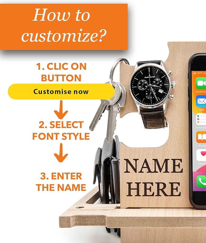 GRETAOTO Personalized Wood Phone Docking Station Gift for Men Bedside Nightstand Charging Station Organizer Mens Accessories Phone Stand Anniversary Birthday Gifts for Dad Him Husband