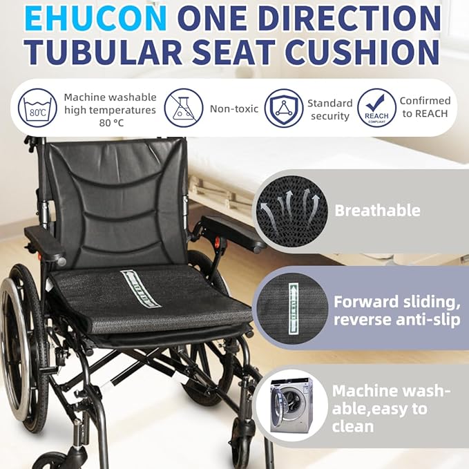 One Way Transfer Support Tubular Seat Cushion, Fall Prevention for Eldery in Chair or Wheelchair, Excellent Non-Slip Seat Cushion in Car Seat and Office Chair (Black, Without Handles(17"x17"))