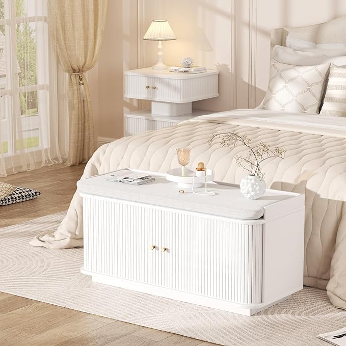 Hall Tree with Bench and Shoe Storage, Entryway Bench with Sliding Door Cabinet, Removable Padded, Metal Wall Hooks and Adjustable Storage Compartments, for Entry, Hallway, Living Room, White