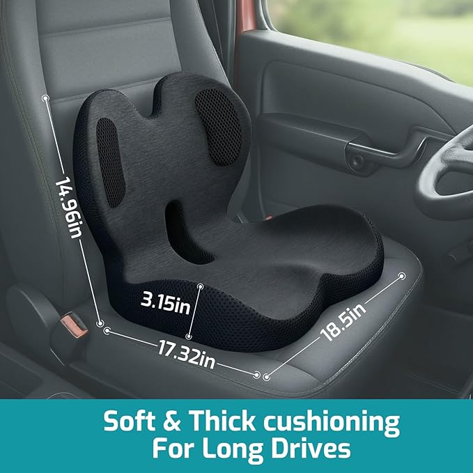 Trucker Seat Cushion, Car Seat Cushions with Lumbar Support Pillow, Ergonomic L-Shaped One Piece Memory Foam Pad for Long Driving Back Pain Sciatica Relief, Drivers Office Workers (Black+ Gray)