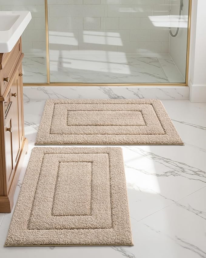 DEXI Bathroom Rug Set 2 Piece 24x16, Non Slip Washable Bath Mat for Shower Floor, Absorbent Soft Bathmat with Rubber Backing, Quick Dry Microfiber Carpet, Beige