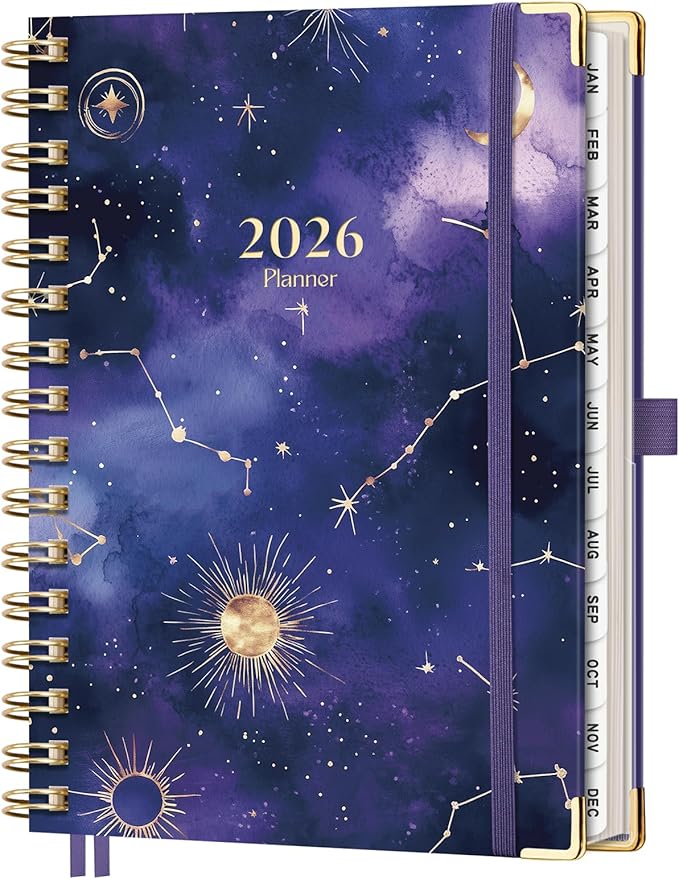 AHGXG 2026 Planner, Weekly and Monthly Planner for Women, Jan 2026 - Dec 2026, Medium Size (5.7" x 8.3"), Calendar 2026, Hardcover with Monthly Tabs, Spiral-Bound, Black-Starry Sky