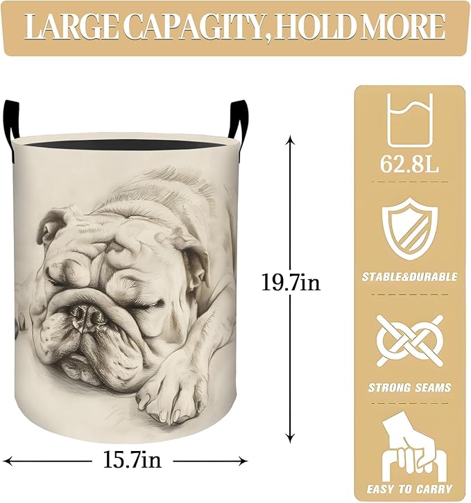 Sleeping Bulldog Pencil Sketch Art Laundry Basket, Dorm Nursery Foldable Laundry Hamper Organizer for Bathroom Decor, Toy Clothes Storage Box for Bedroom 19.7x15.7 Inch