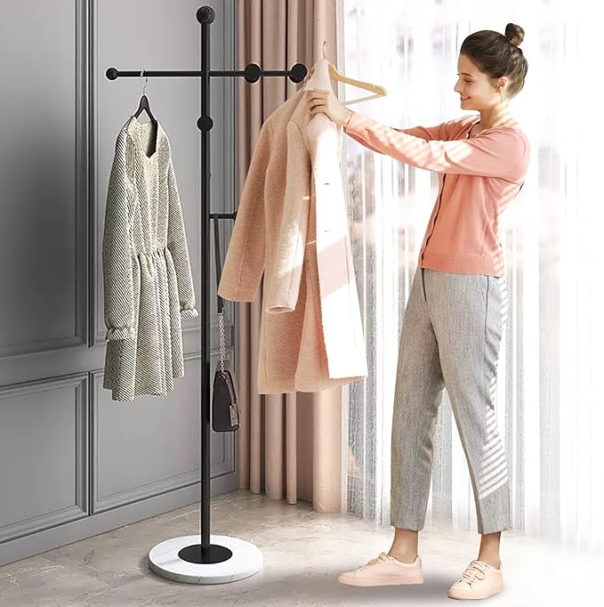 Modern Metal Coat Rack Stand, Heavy Duty T-shaped Coat Rack Freestanding with Natural Marble Base, 8 Hooks, Ideal for Bedroom, Entryway, Hallway, Office, Gifts for Women, for Mom, for Men (Black)