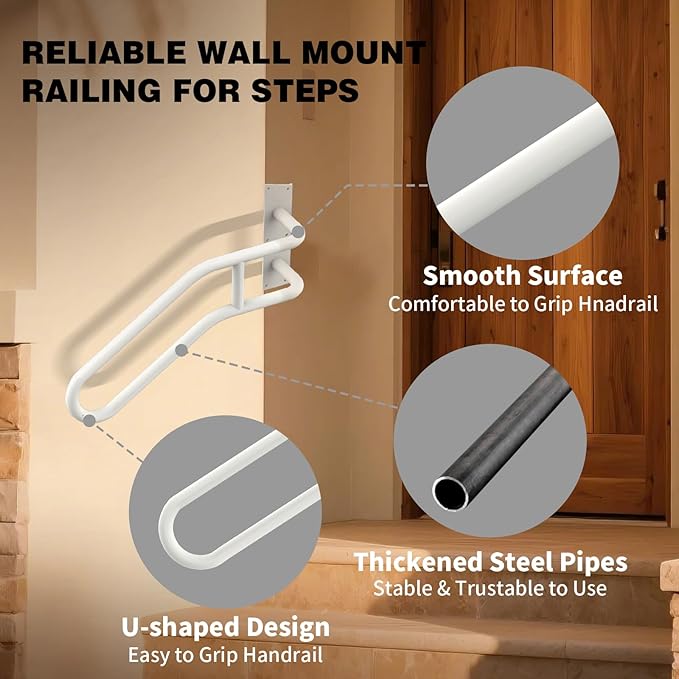 Right Side Wall Mounted handrail, Garge Door Stair Railing for 1-3 Steps(Polished White, Right Side, 230LBs Loading)