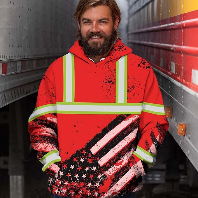US Flag High Visibility Hoodie for Men Reflective Hoodie Safety Workwear for Worker Runner Patriotic ACC02