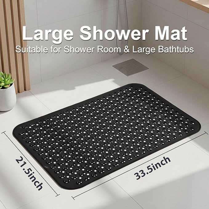 Large Shower Mat 21.5x33.5 Inch Black, Soft Non Slip Shower Mats for Inside Shower with Big Suction Cups Drain Holes, Extra Large Bath Bathtub Mat Floor Stall Mats, BPA-Free, Easy Clean