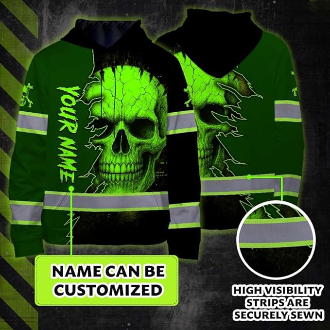 Matedecor Skull US Flag Reflective High Visibility Hoodie For Men Construction Hi Vis Safety Workwear Custom Name