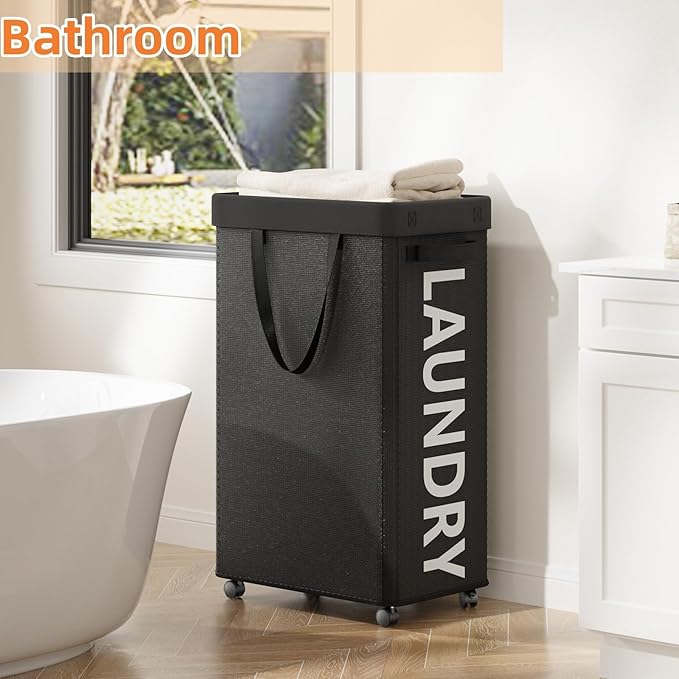 2 Pack Laundry Basket with Wheels, 90L Rolling Laundry Hamper with Wheels, Large Clothes Hamper on Wheel with Removable Mesh Bag for Bedroom, Dorm, Black