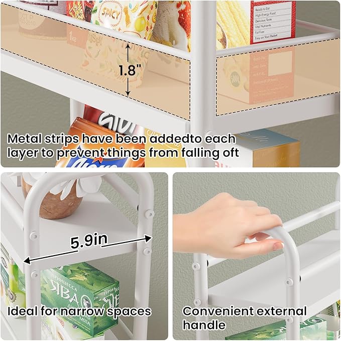 Slim Storage Cart, 4 Tier Rolling Utility Cart on Wheels, Narrow Shelving Unit Cart for Small Spaces in Kitchen, Dining Room, Bathroom, Laundry Room, White