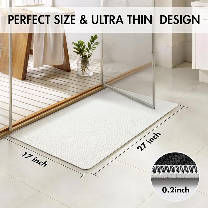 MIULEE Set of 2 Ultra Thin Bathroom Rugs, Rubber Bath Mats for Bathroom Non Slip, Quick Dry Absorbent Bath Rug Machine Washable, Fit Under Door, Shower, Sink, Home Decor, White, 17x27 Inch