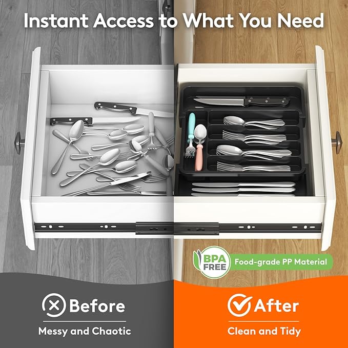 Lifewit Silverware Drawer Organizer, Expandable BPA Free Utensil Tray for Kitchen, Adjustable Flatware and Cutlery Holder for Spoons Forks Knives, Plastic Kitchen Organizers and Storage, Black