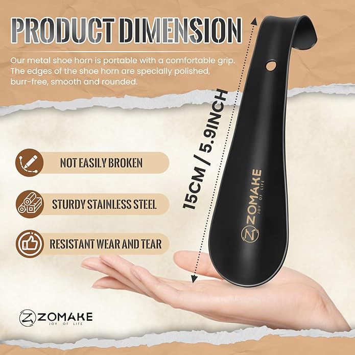 ZOMAKE Metal Shoe Horn,Small Travel Shoehorn for Men Women Kids,5.9'' Portable Shoe Spoon Helper