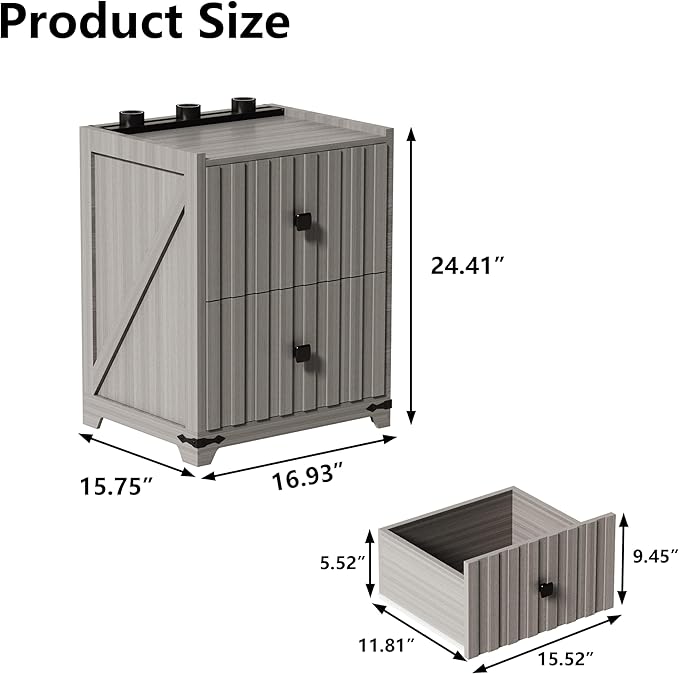 Night Stand Set 2 with Slidable Charging Station,Bedside Table with 2 Drawers,Farmhouse End Table and Nightstand,Small Side Table for Bedroom（Newly Upgraded 2 PCS）