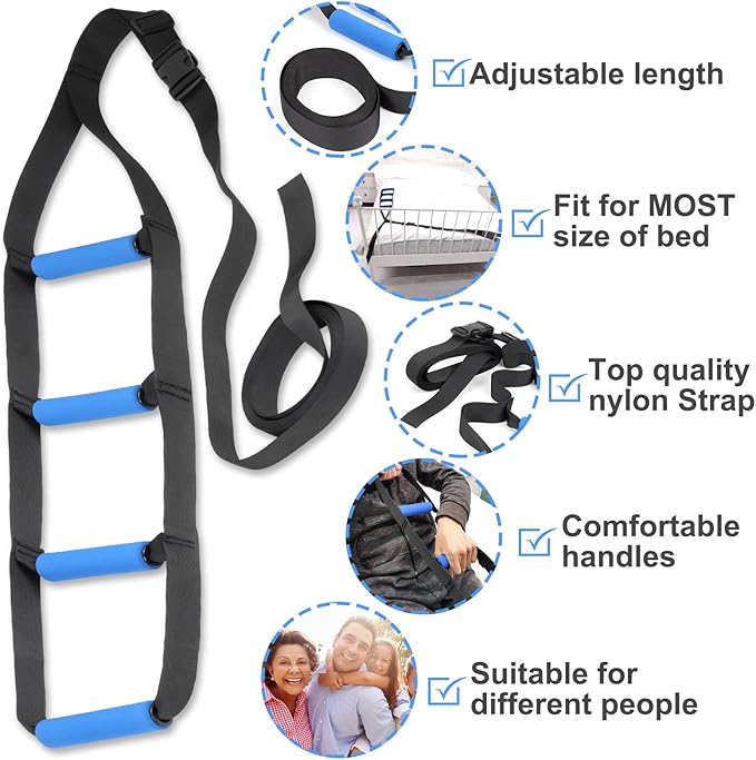 Bed Ladder Assist,Pull up Helper and Sit up Helper 4 Handle Grips,Bed Rail Assistance Devices Adjustable Length Bed Lift for Most Beds Mobility Aid for Elderly, Handicapped,Injured (160 INCHES)